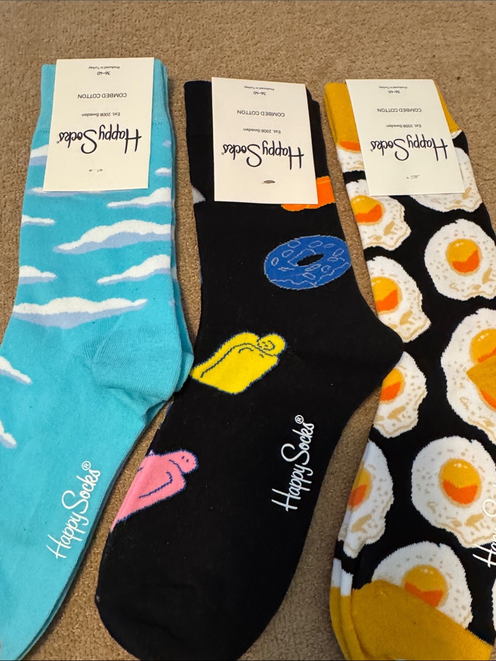 Happy Socks Three-Pack Novelty Crew Socks - Turquoise, Black, Yellow